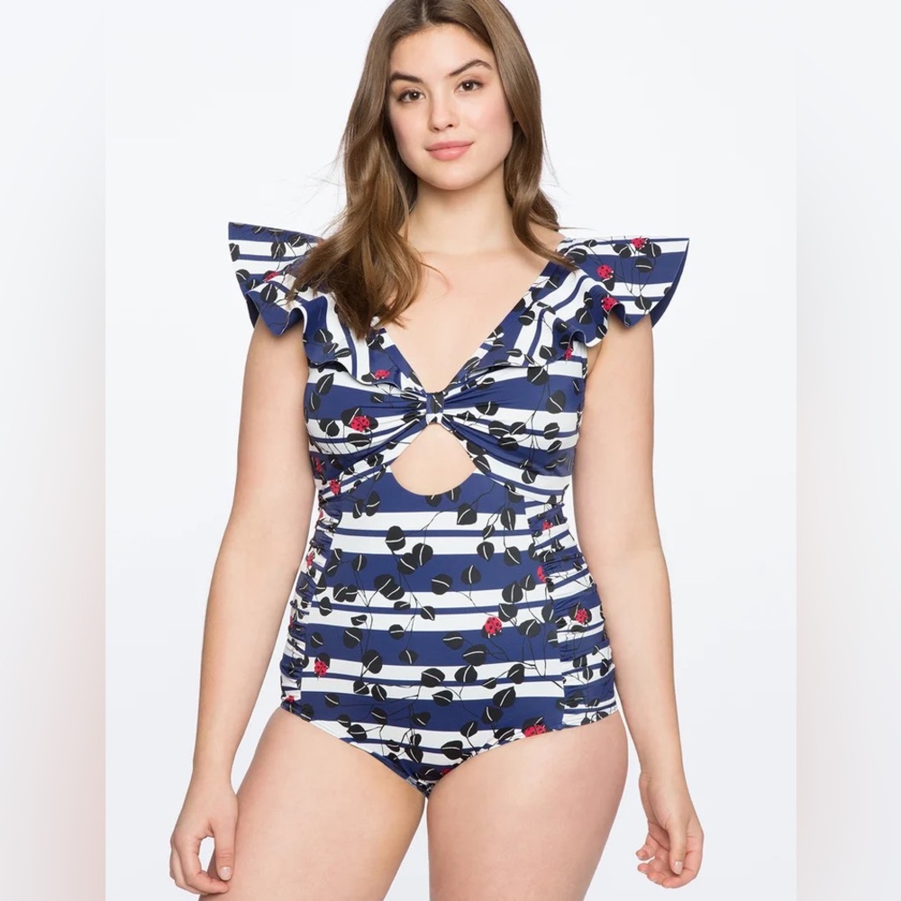 ELOQUII One-piece Swimsuit With Ruffle Shoulder Size 14W Blue Striped & Lady Bug